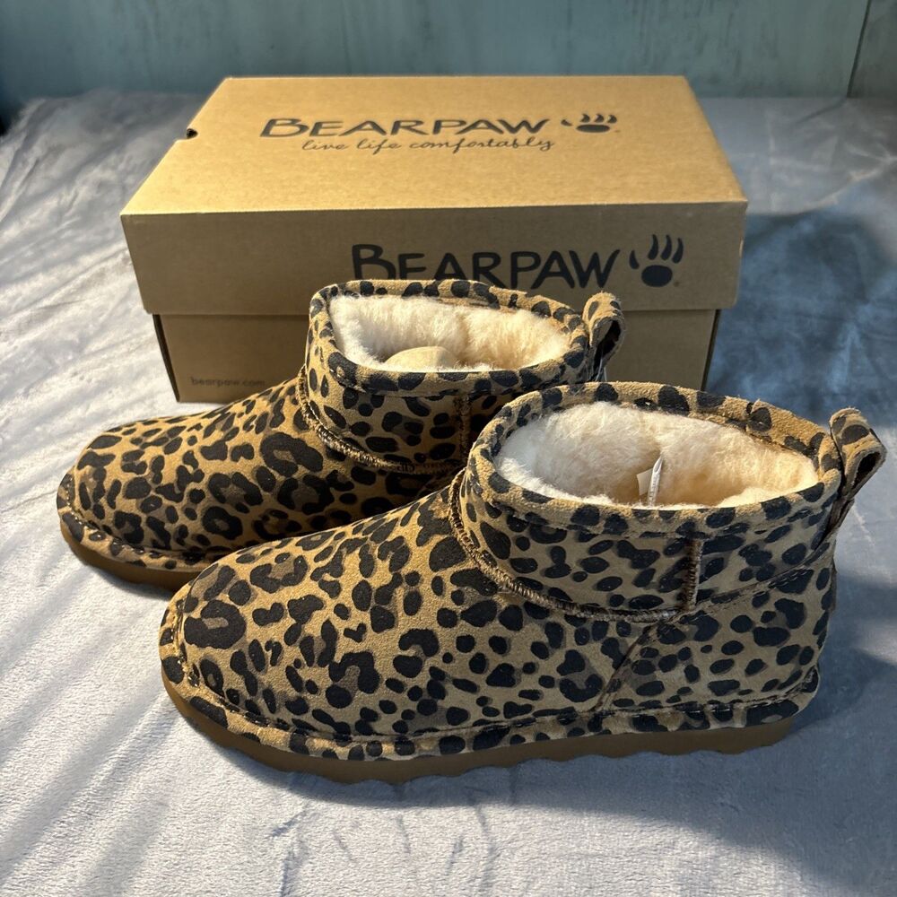 Women’s Bearpaw Shorty Exotic Boots Leopard Print Size 7 New In Box